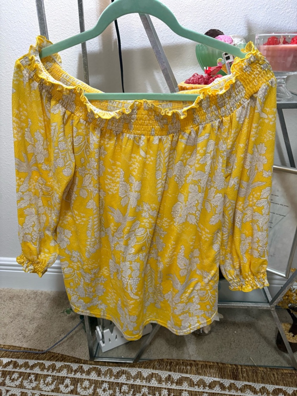 Melloday womens short sleeve off the shoudler yellow gray white floral top sz M